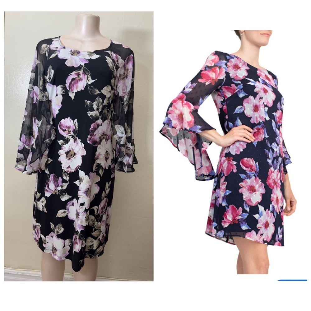 NWT Connected Apparel Black and Pink Floral Long Sleeve Dress